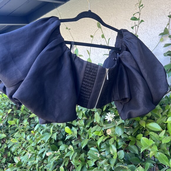 Aje Eugene Off The Shoulder Crop Top Black Puff Sleeves Size 16 US 12 Large NWT - Picture 6 of 8